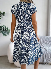 Printed V-Neck Short Sleeve Dress - Trendsi
