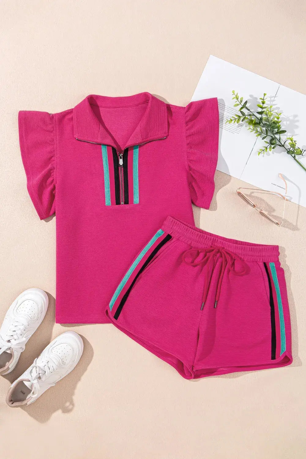 Striped Detail Flutter Sleeve Zipped Collar Top and Short Set - Trendsi - Flyclothing LLC