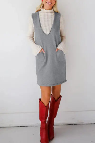 Lovelet Pocketed V-Neck Mini Sweater Overall Dress - Trendsi - Flyclothing LLC
