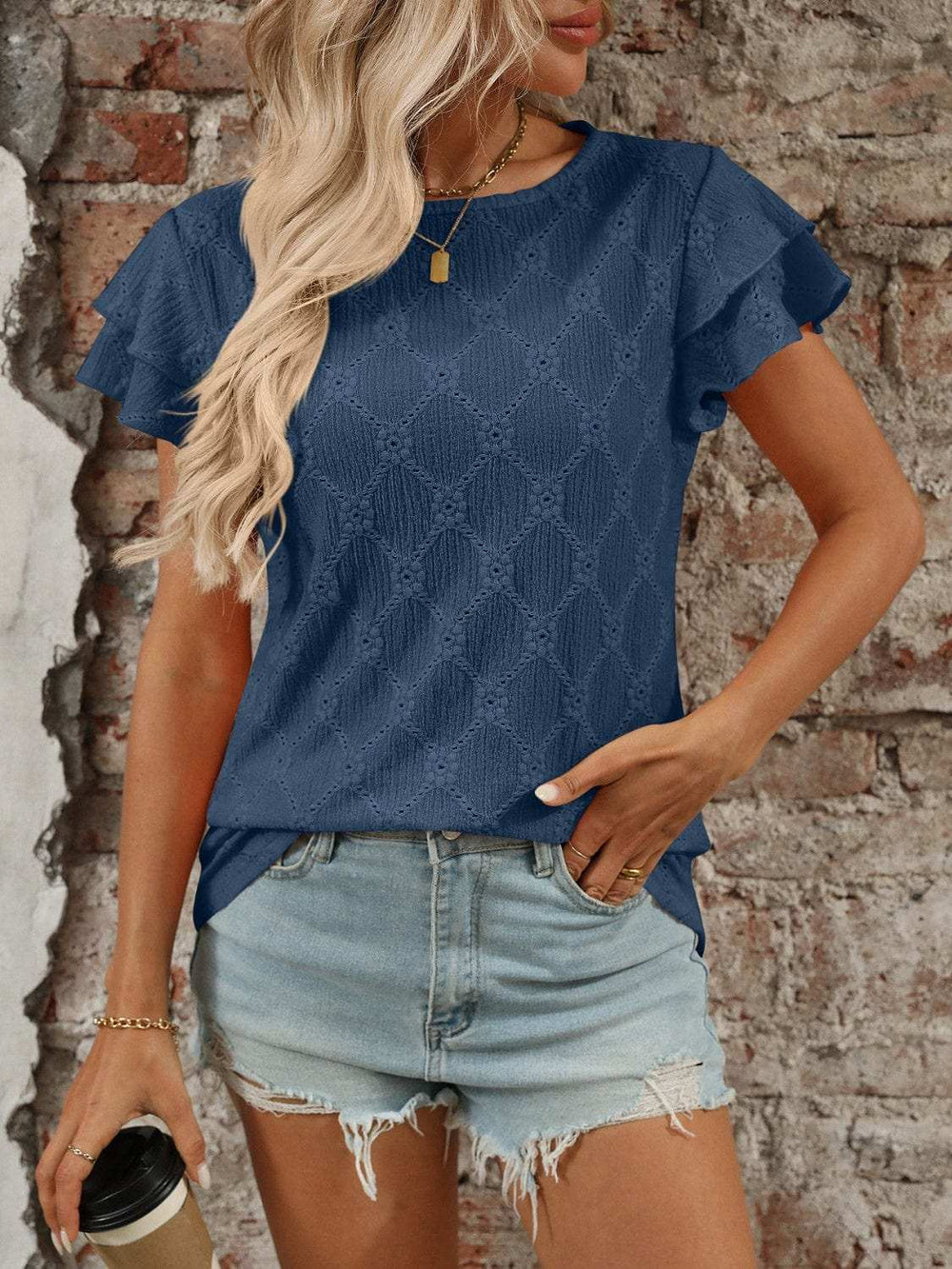 Eyelet Round Neck Double Layered Ruffled Short Sleeve Top - Trendsi - Flyclothing LLC