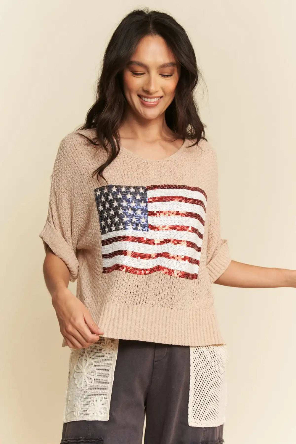 Davi & Dani Sequin American Flag Patch Short Sleeve Knit Top - Trendsi - Flyclothing LLC