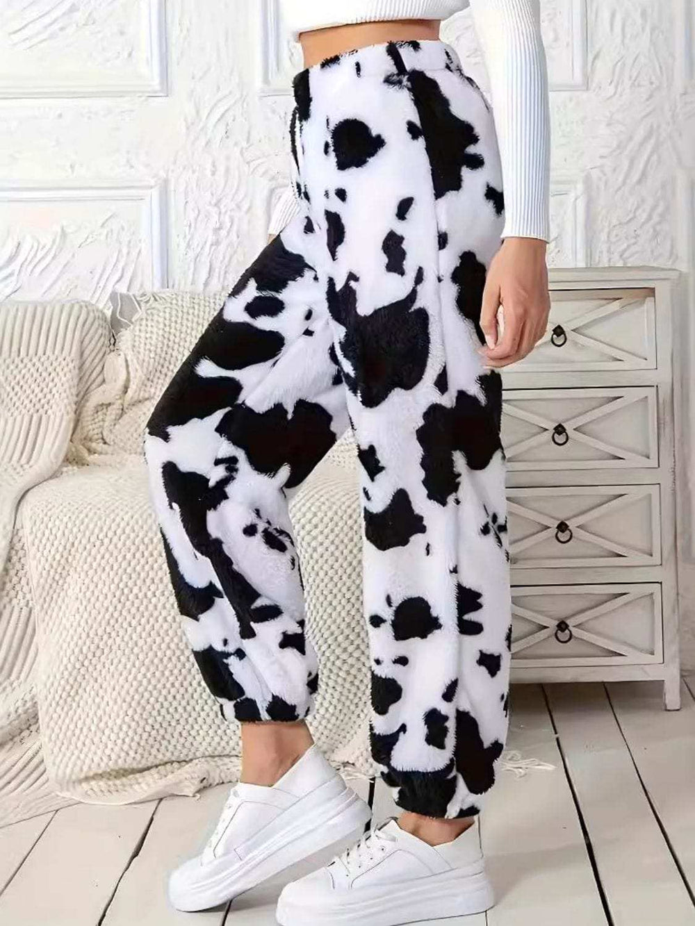 Fuzzy Cow Print Elastic Waist Pants - Trendsi - Flyclothing LLC