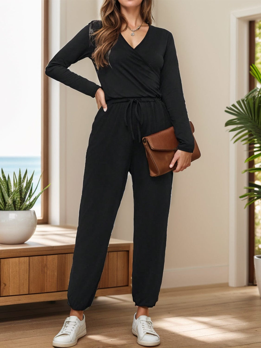 Surplice Tie Waist Long Sleeve Jumpsuit - Trendsi
