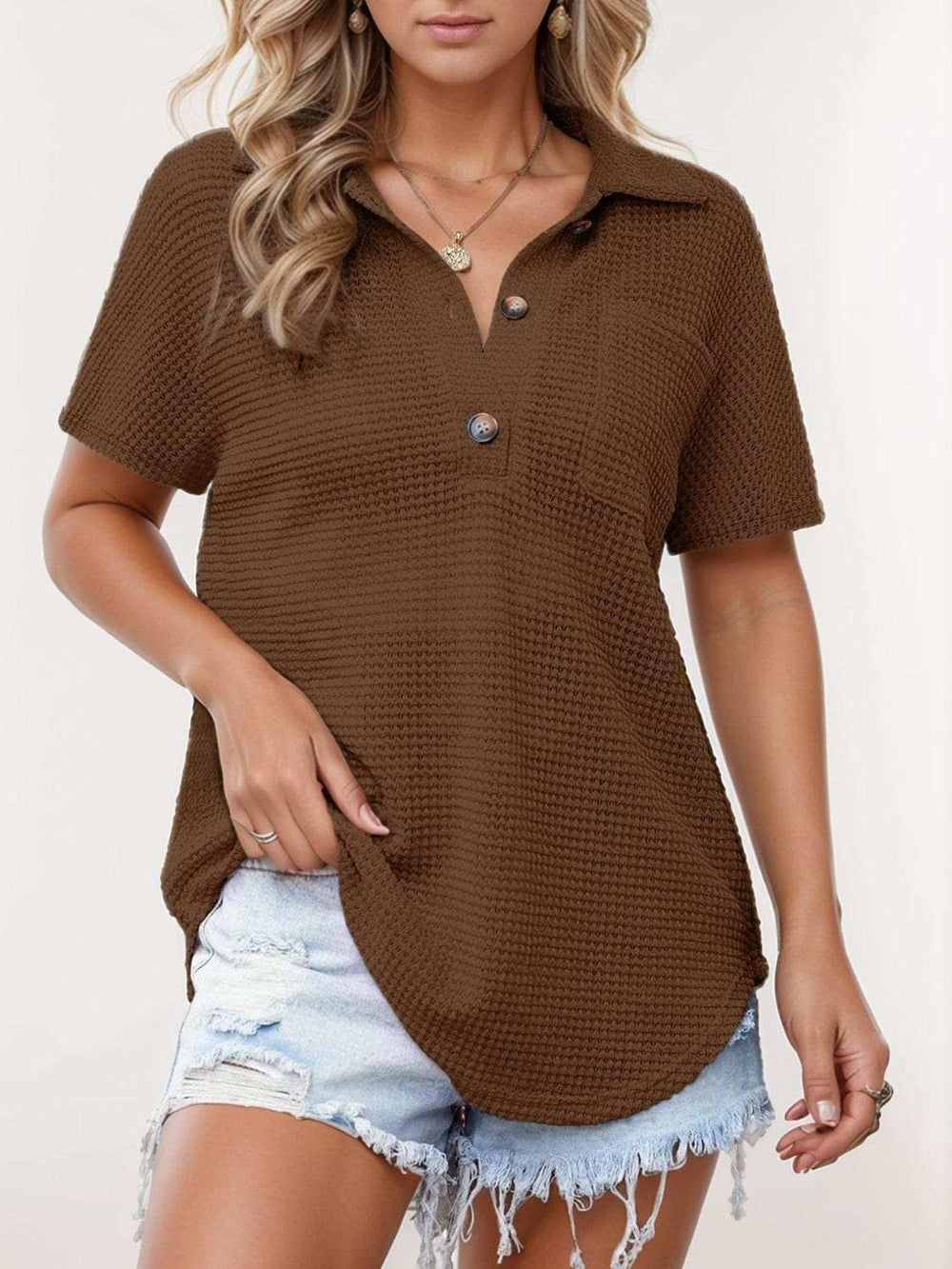 Waffle-Knit Short Sleeve Polo Shirt - Trendsi - Flyclothing LLC