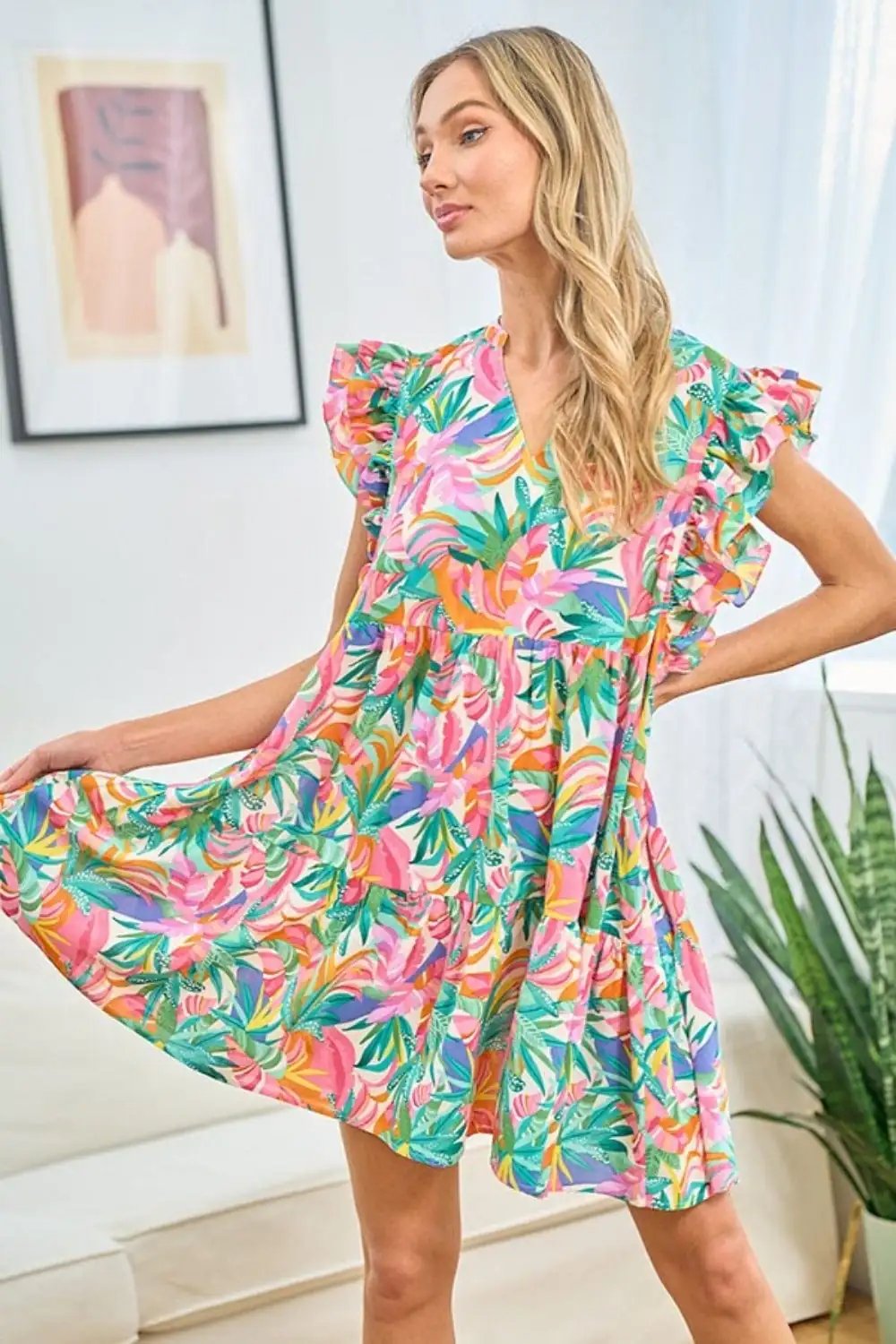 First Love Ruffled Printed Notched Cap Sleeve Dress - Trendsi