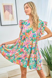 First Love Ruffled Printed Notched Cap Sleeve Dress - Trendsi