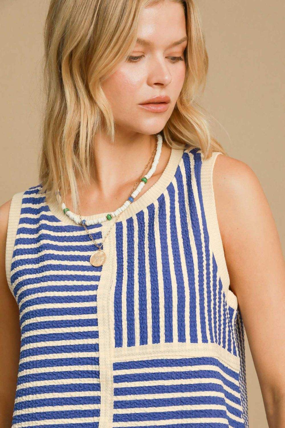 Umgee Round Neck Texture Striped Tank - Trendsi - Flyclothing LLC