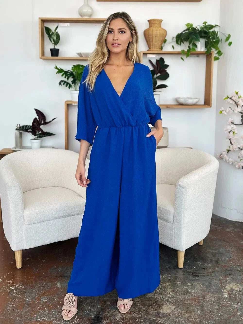 Double Take Full Size Surplice Wide Leg Jumpsuit with Pockets - Trendsi - Flyclothing LLC
