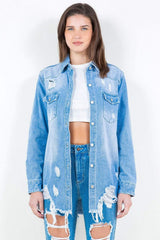 American Bazi Frayed Hem Distressed Denim Shirt Jacket - Trendsi - Flyclothing LLC