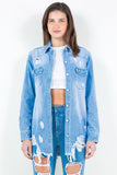 American Bazi Frayed Hem Distressed Denim Shirt Jacket - Trendsi