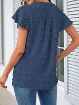Swiss Dot Notched Cap Sleeve Blouse - Trendsi - Flyclothing LLC