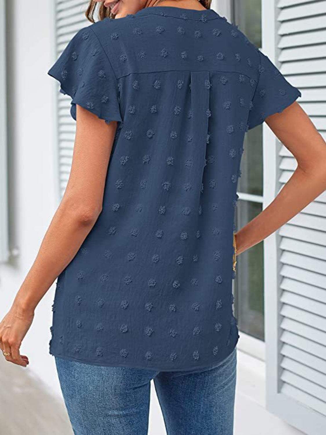Swiss Dot Notched Cap Sleeve Blouse - Trendsi - Flyclothing LLC
