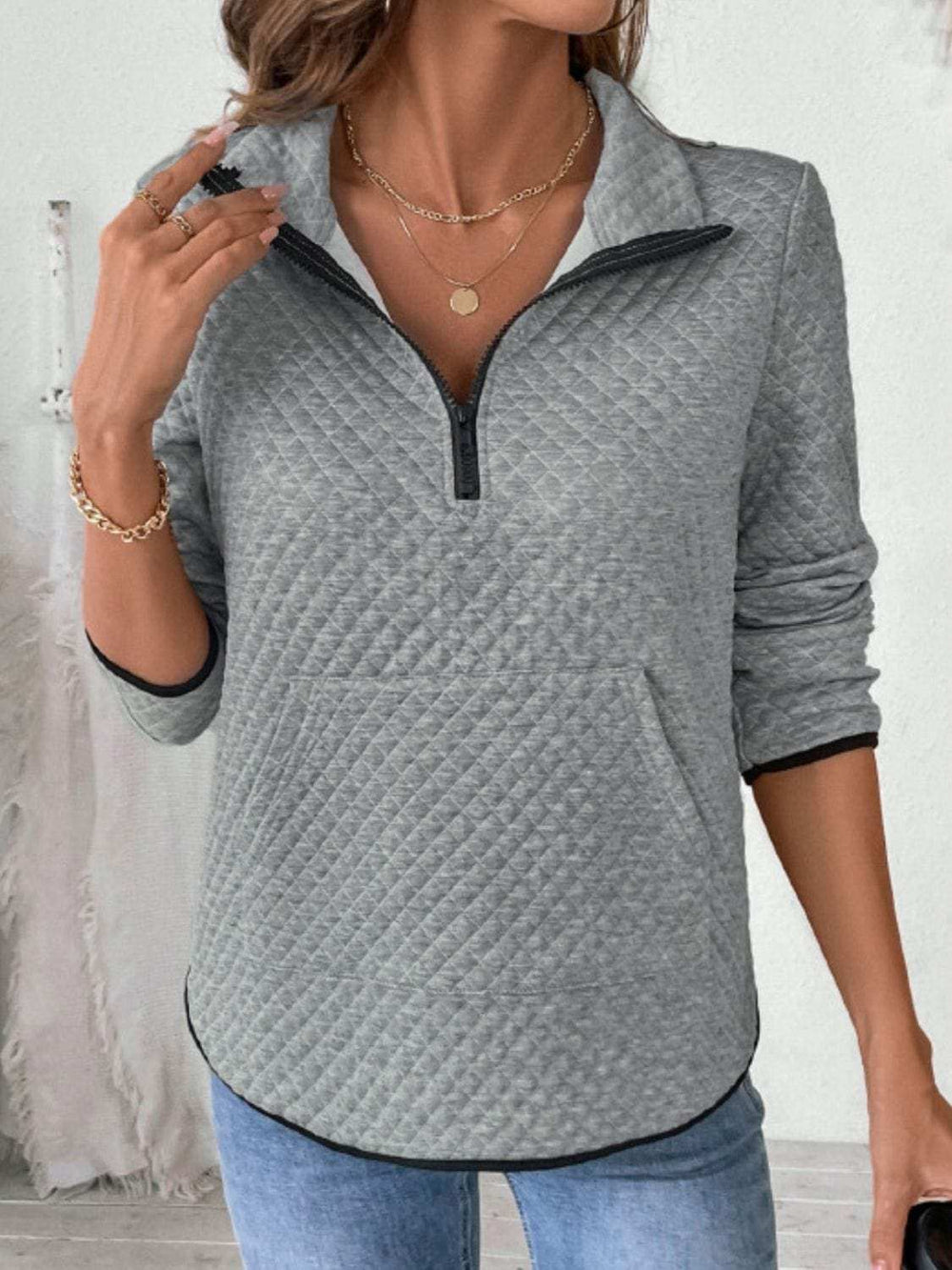 Perfee Texture Half Zip Long Sleeve Sweatshirt - Trendsi - Flyclothing LLC