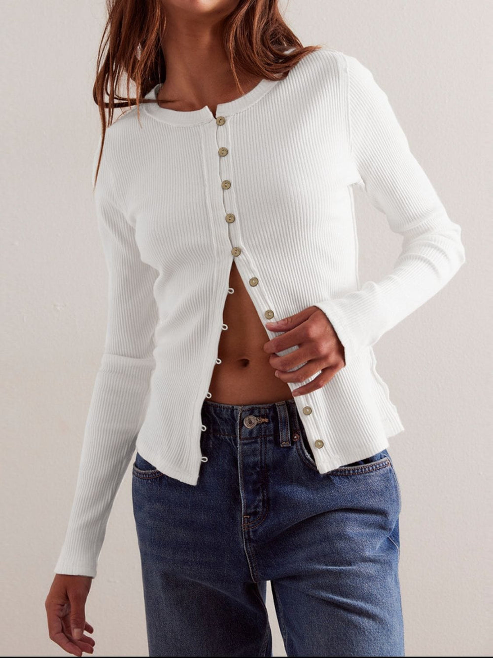 Ribbed Round Neck Long Sleeve Top - Trendsi