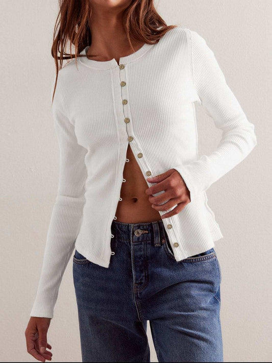 Ribbed Round Neck Long Sleeve Top - Trendsi - Flyclothing LLC