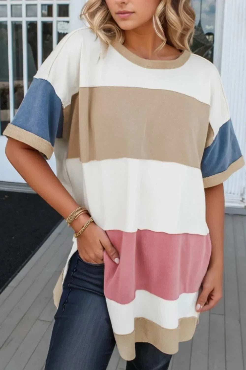 Color Block Patchwork Side Split Tunic T Shirt - Trendsi - Flyclothing LLC