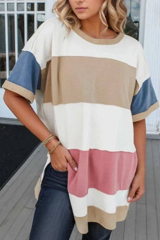 Color Block Patchwork Side Split Tunic T Shirt - Trendsi - Flyclothing LLC