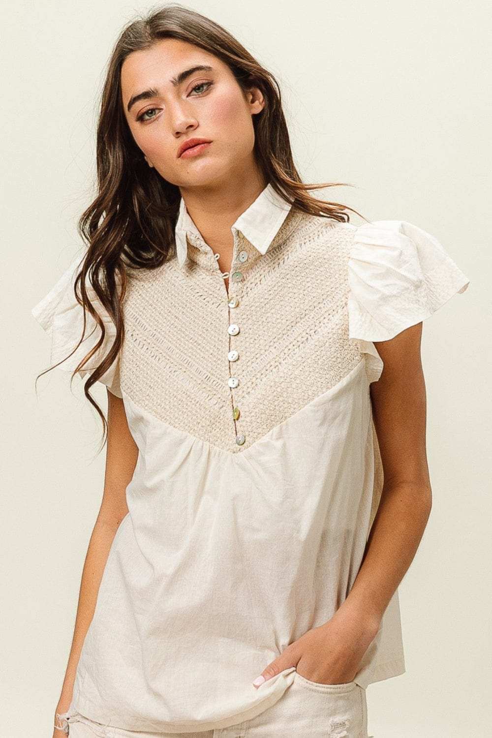 BiBi Half Button Collared Neck Short Sleeve Top - Trendsi - Flyclothing LLC
