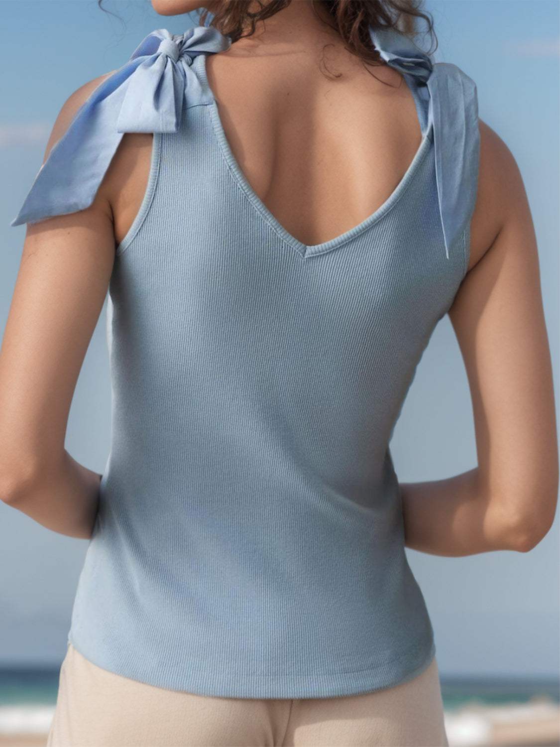 V-Neck Tie Shoulder Tank - Trendsi - Flyclothing LLC