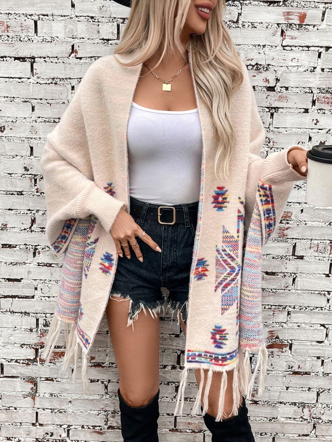 Fringe Geometric Open Front Long Sleeve Cape - Trendsi
