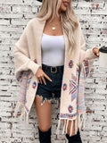 Fringe Geometric Open Front Long Sleeve Cape - Trendsi