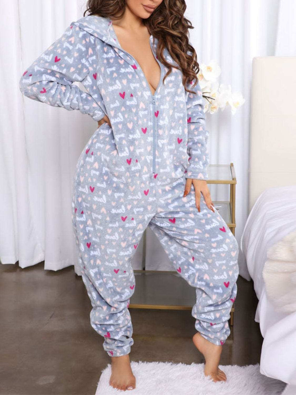 Printed Zip Up Long Sleeve Hooded Lounge Jumpsuit - Trendsi - Flyclothing LLC