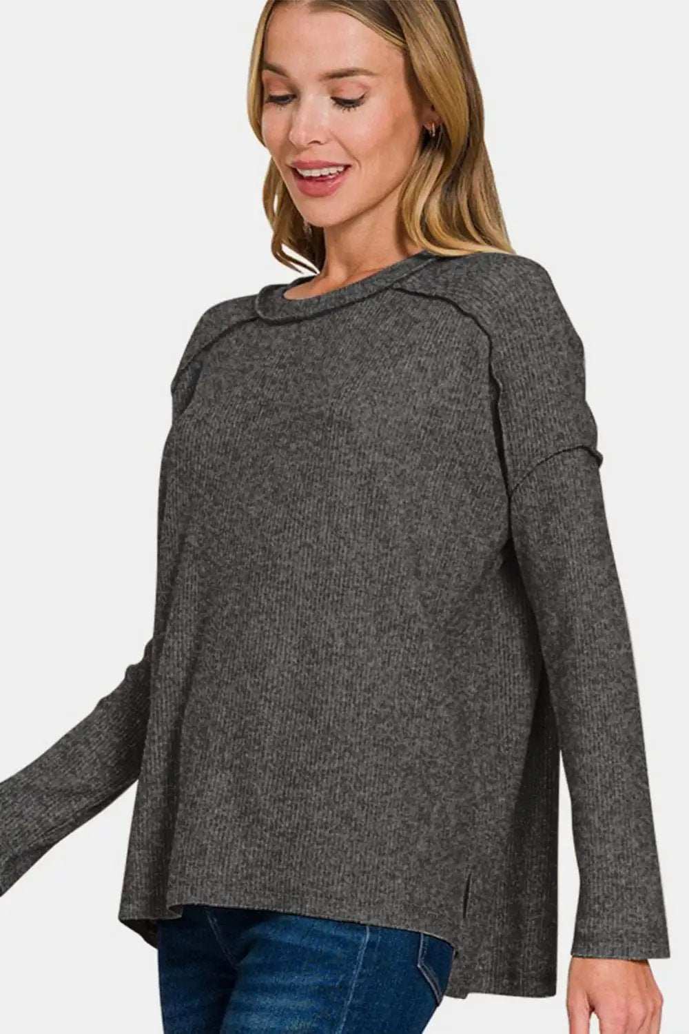 Zenana Full Size Exposed Seam Brushed Round Neck Sweater - Trendsi - Flyclothing LLC