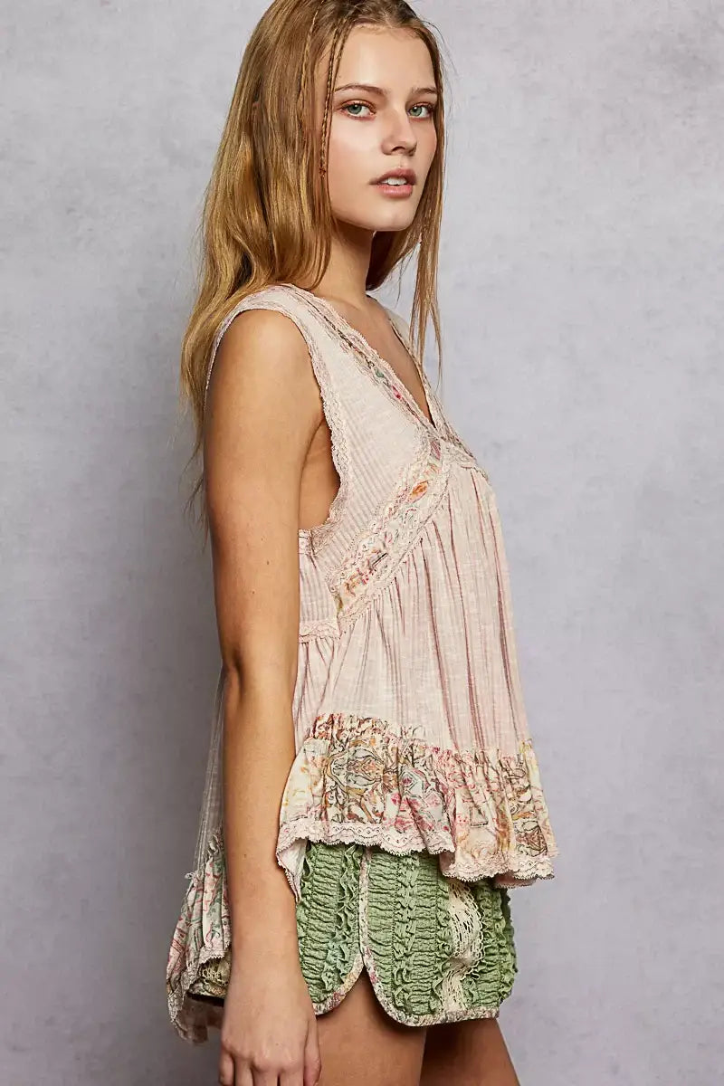 POL Lace Detail Ruffled Ribbed Sleeveless Top with Floral Pattern Trim Detail - Trendsi - Flyclothing LLC