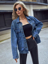 Pocketed Button Down Collared Neck Denim Top - Trendsi - Flyclothing LLC