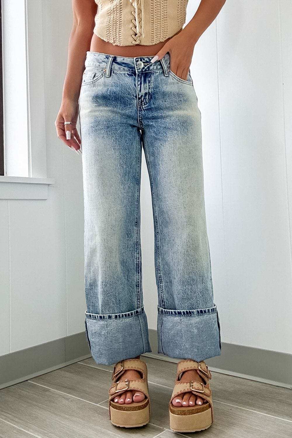 Washed Wide Leg Jeans with Pockets - Trendsi - Flyclothing LLC
