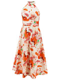 Ruched Printed Halter Neck Sleeveless Dress - Trendsi