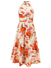 Ruched Printed Halter Neck Sleeveless Dress - Trendsi