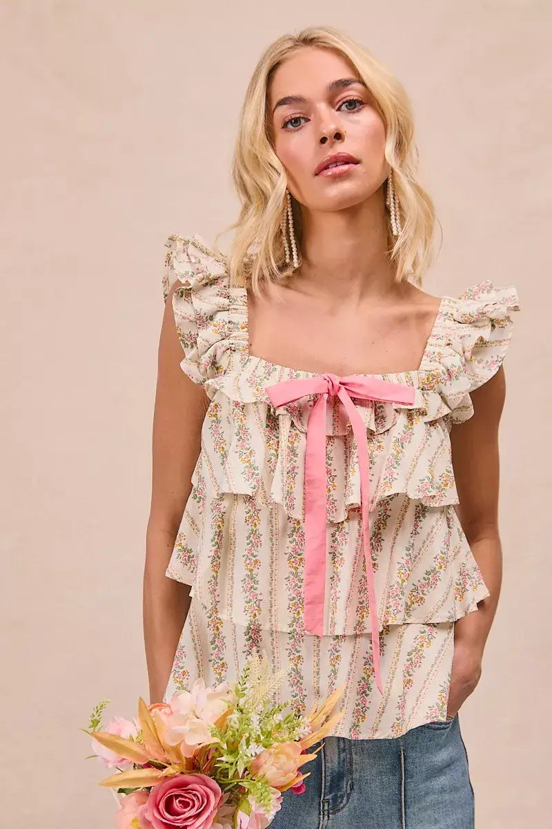 BiBi Floral Printed Woven Front Bow Tied Ruffled Square Neck Sleeveless Top - Trendsi - Flyclothing LLC