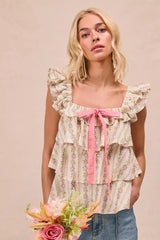 BiBi Floral Printed Woven Front Bow Tied Ruffled Square Neck Sleeveless Top - Trendsi - Flyclothing LLC
