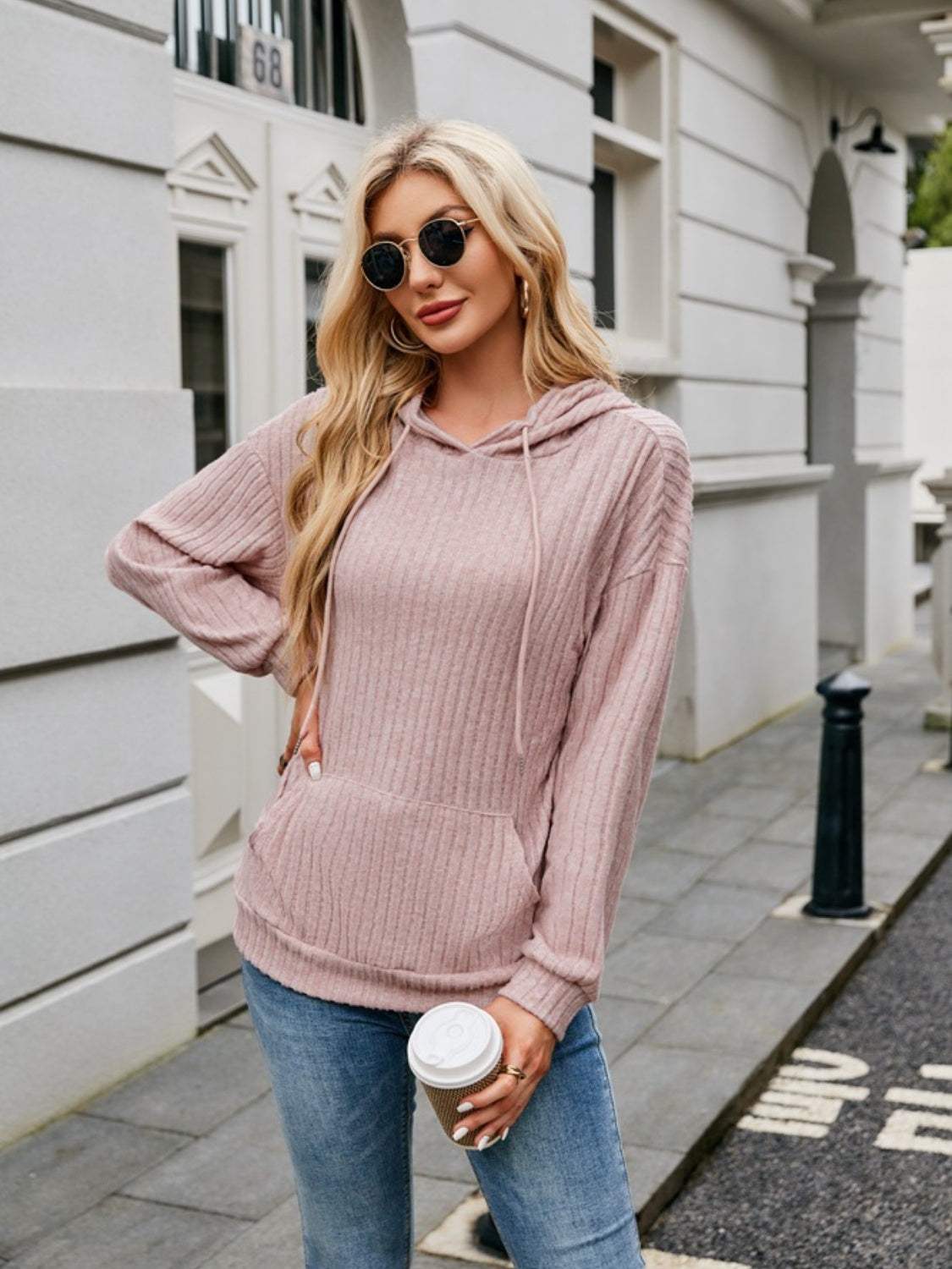 Ribbed Drawstring Long Sleeve Hoodie - Trendsi - Flyclothing LLC