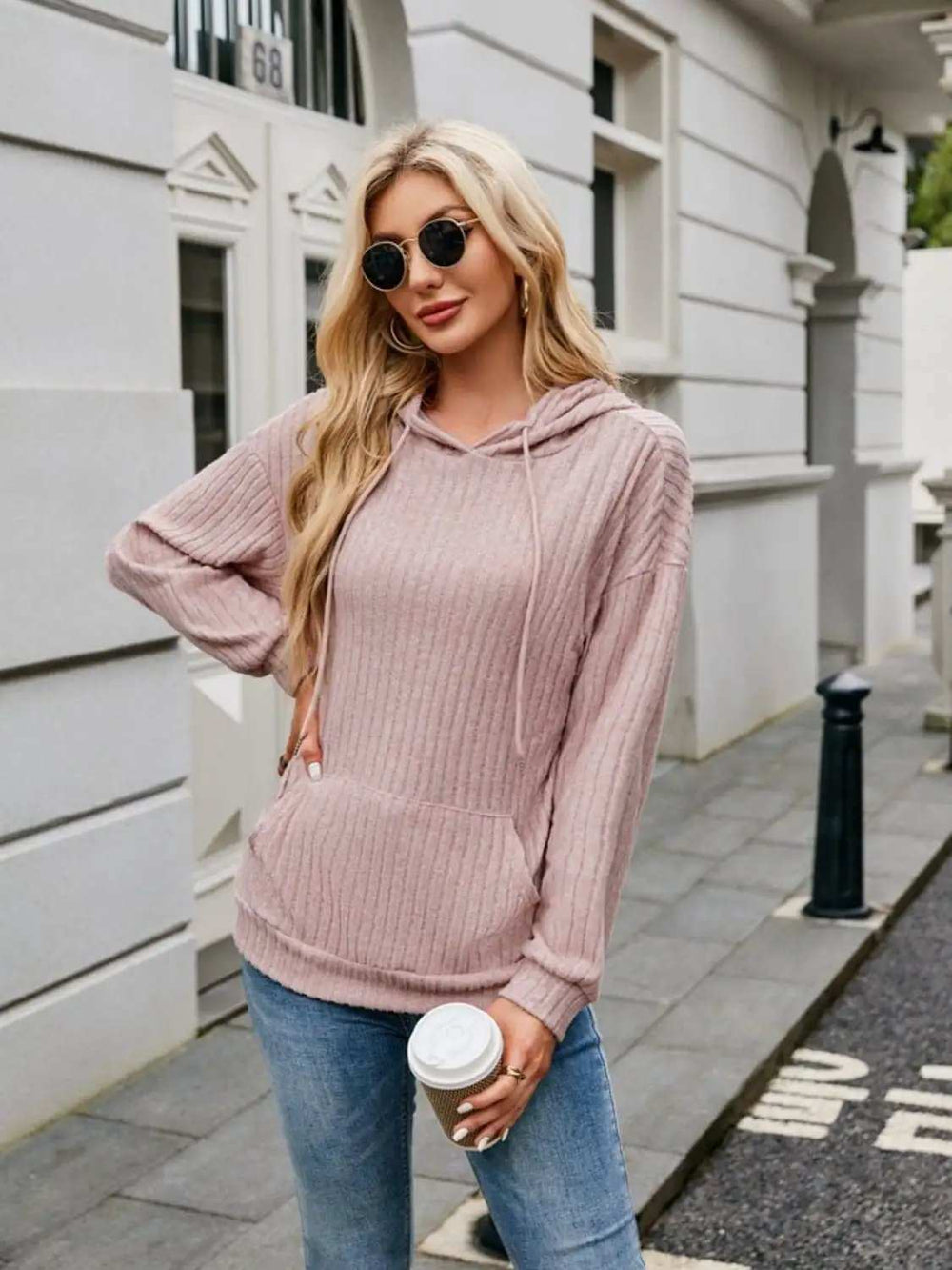 Ribbed Drawstring Long Sleeve Hoodie - Trendsi - Flyclothing LLC