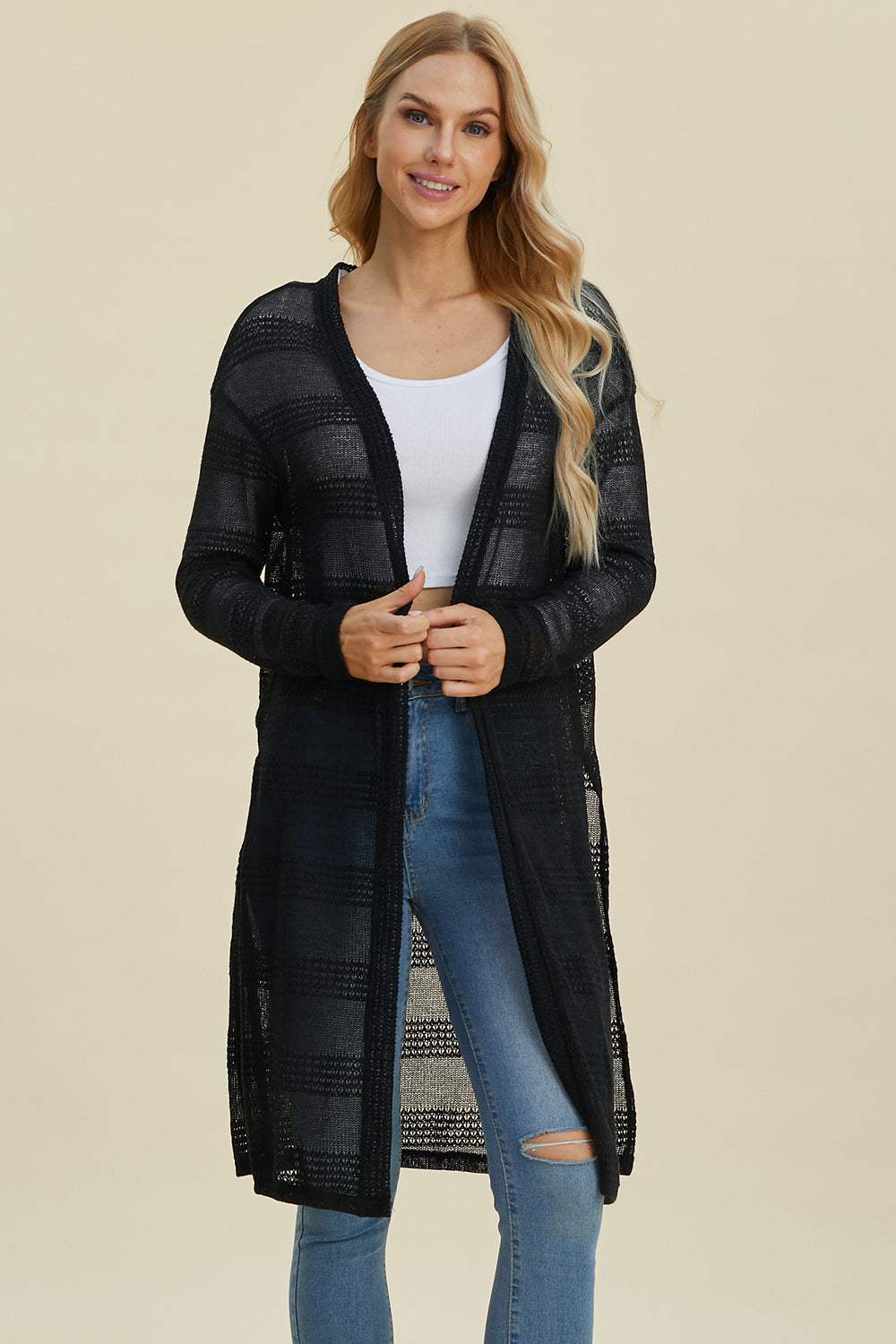 Double Take Full Size Open Front Longline Cardigan - Trendsi - Flyclothing LLC