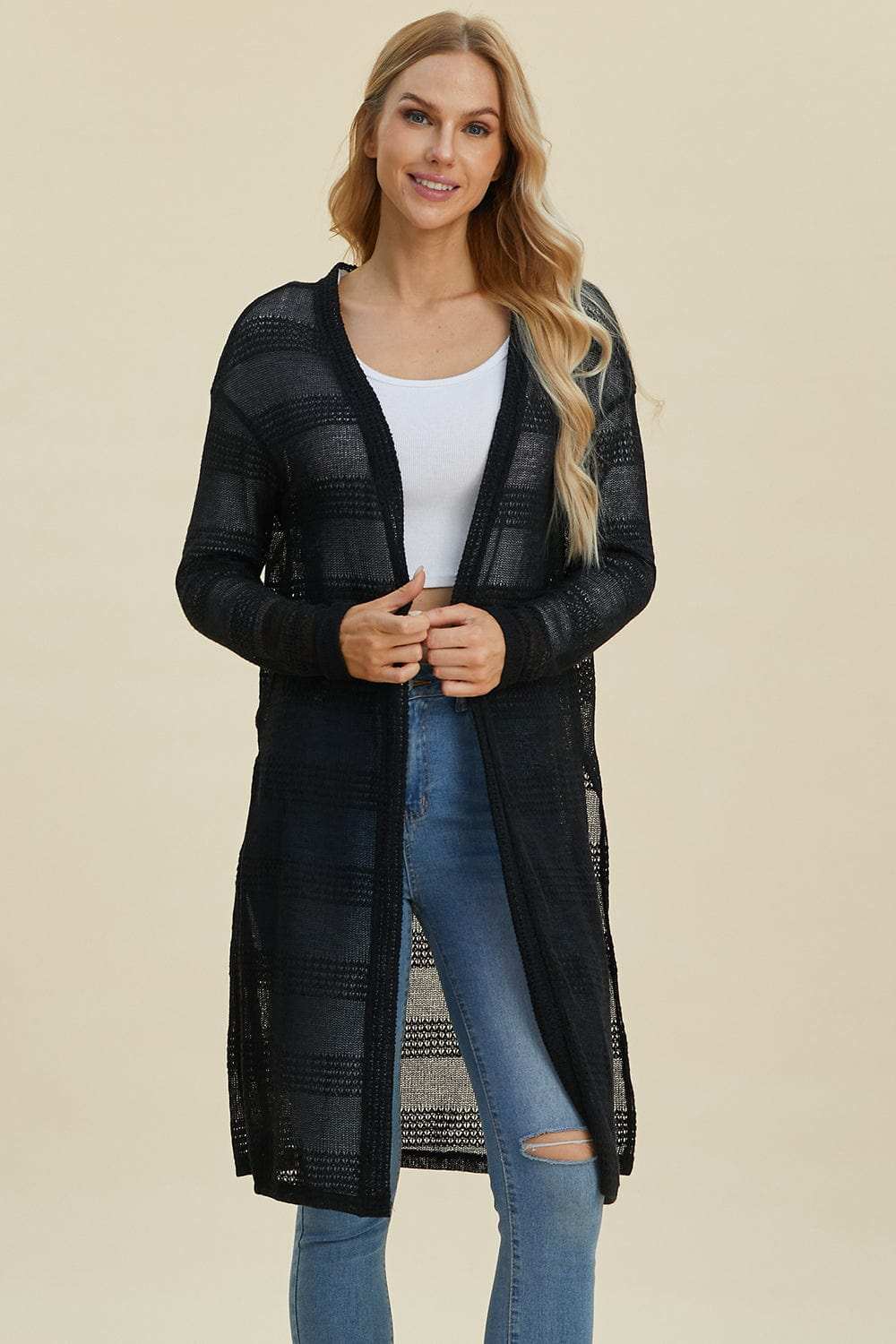 Double Take Full Size Open Front Longline Cardigan - Trendsi - Flyclothing LLC