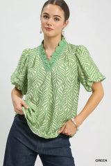 Umgee Printed Puff Sleeve Ruffle Neck Top - Trendsi - Flyclothing LLC