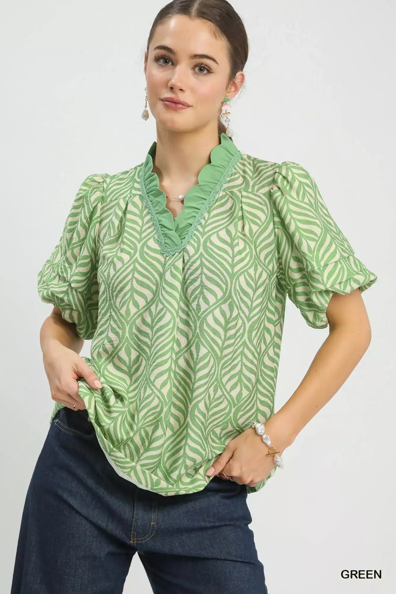 Umgee Printed Puff Sleeve Ruffle Neck Top - Trendsi - Flyclothing LLC