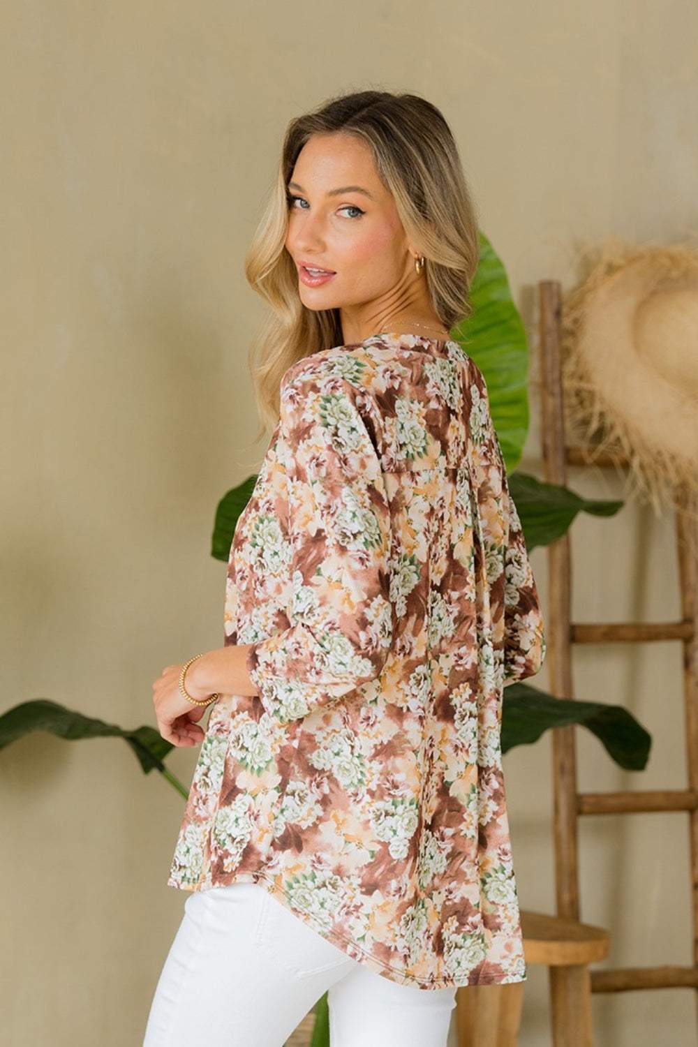Sew In Love Full Size Wrinkle-Free Floral Notched Top - Trendsi - Flyclothing LLC