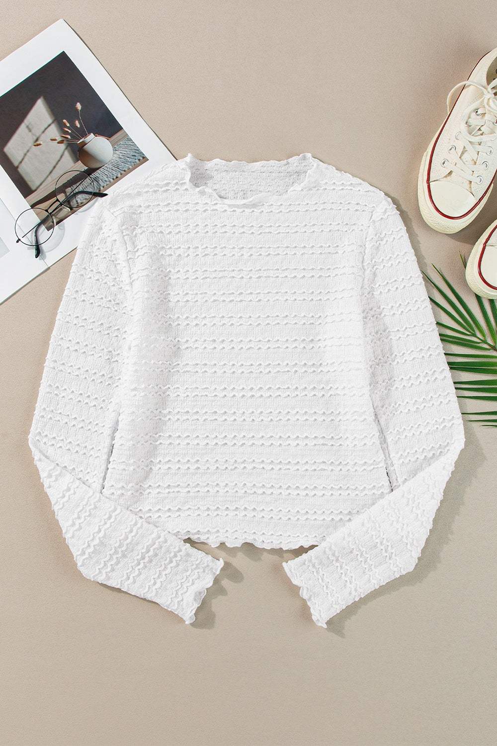 Long Sleeve Jacquard Slim Top - Trendsi - Flyclothing LLC