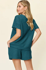 Double Take Full Size Texture Short Sleeve T-Shirt and Drawstring Shorts Set - Trendsi - Flyclothing LLC