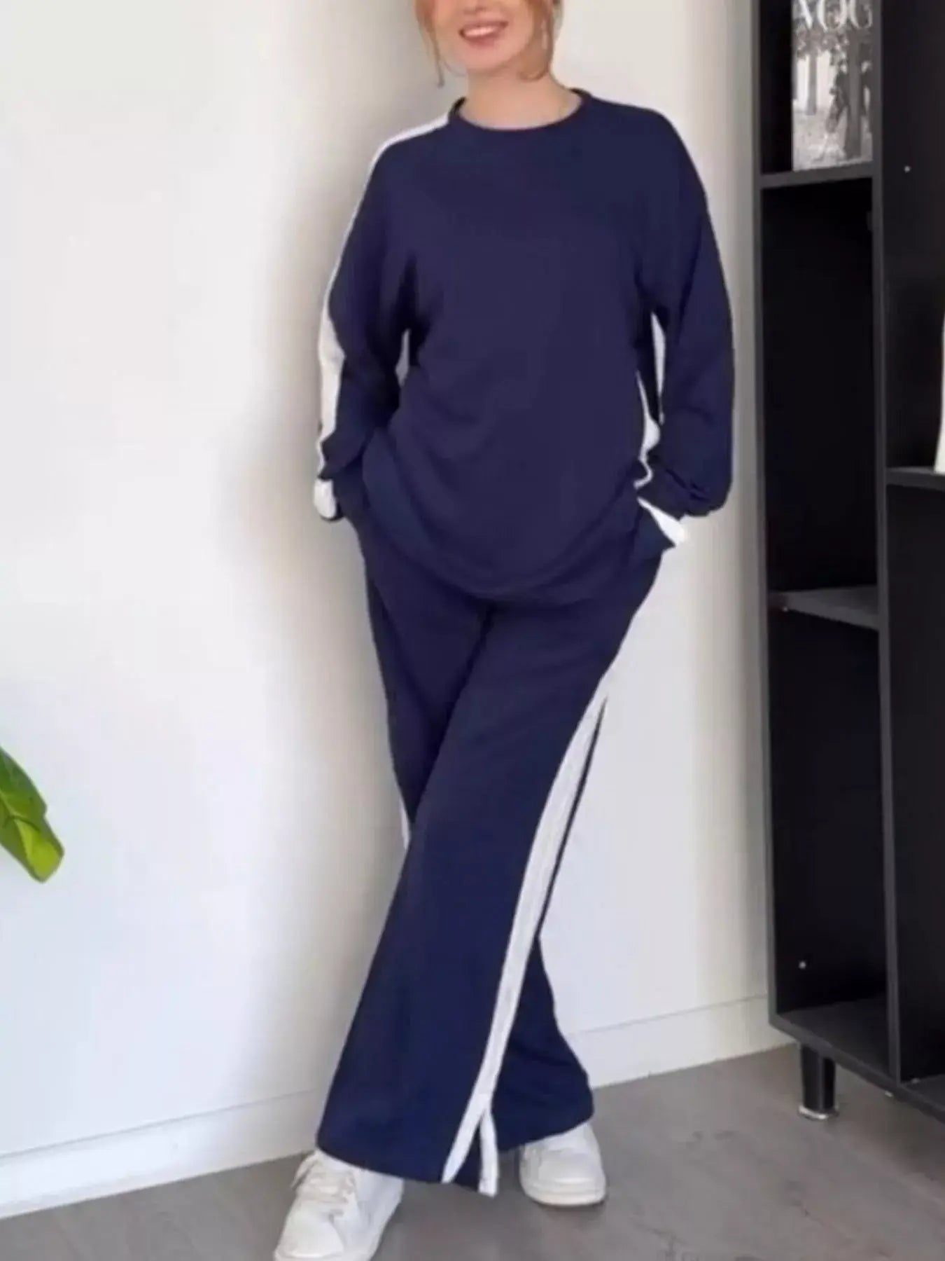 Full Size Contrast Round Neck Top and Pants Set Plus Size - Trendsi - Flyclothing LLC