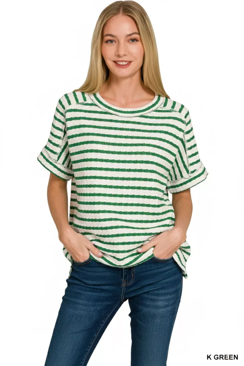 Zenana Stripe Jacquard Round-Meck Tee - Trendsi - Flyclothing LLC