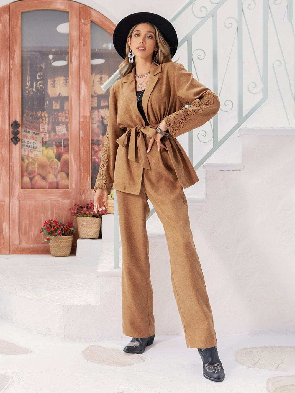 Lace Detail Collared Neck Top and Pants Set - Trendsi - Flyclothing LLC