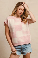 BiBi Checker With Stripes Pattern Sleeveless Sweater - Trendsi - Flyclothing LLC