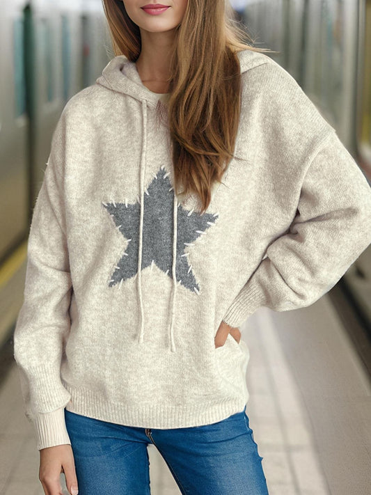 Drawstring Star Long Sleeve Hooded Sweater - Trendsi