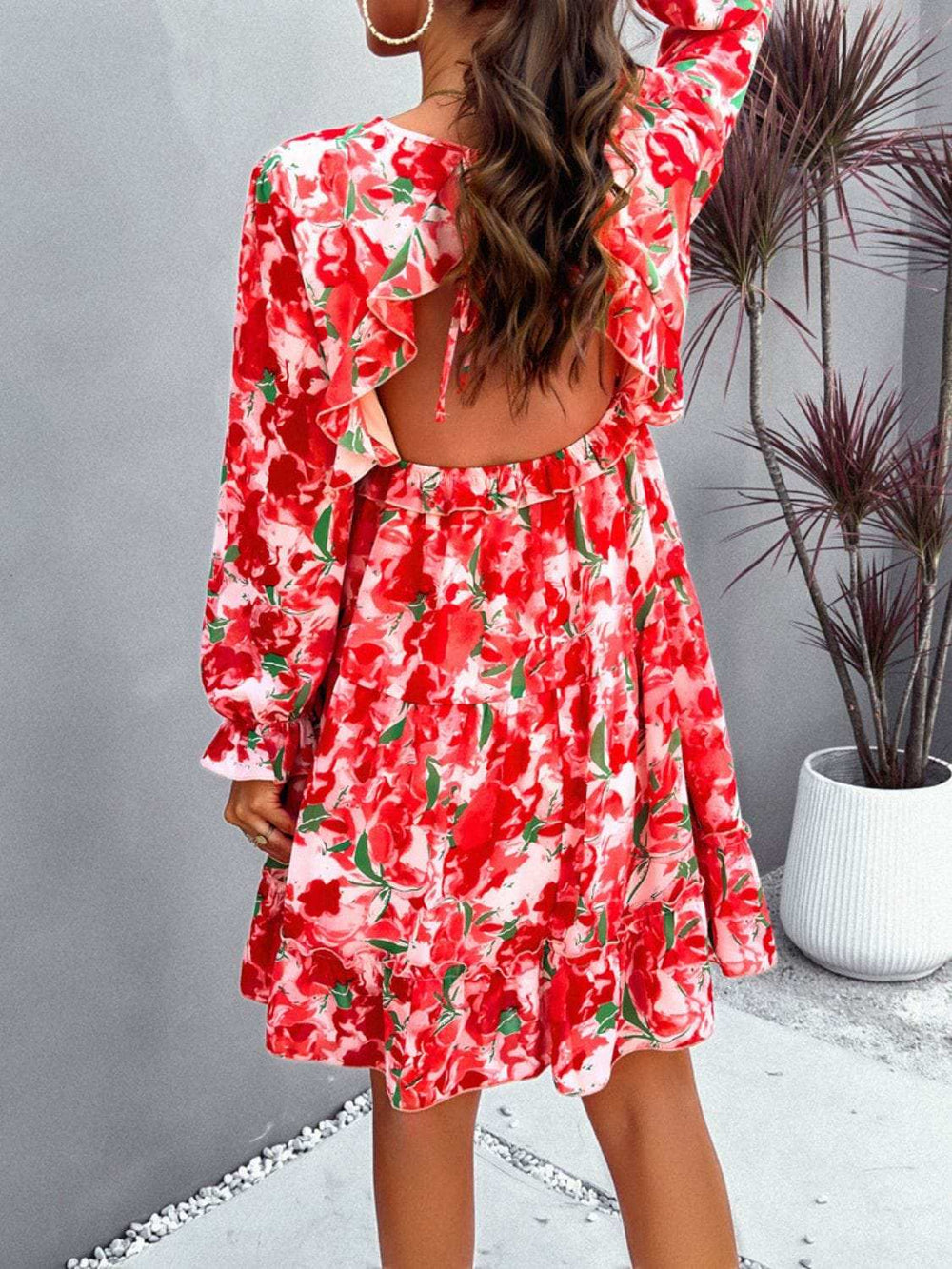 Backless Printed V-Neck Flounce Sleeve Dress - Trendsi - Flyclothing LLC