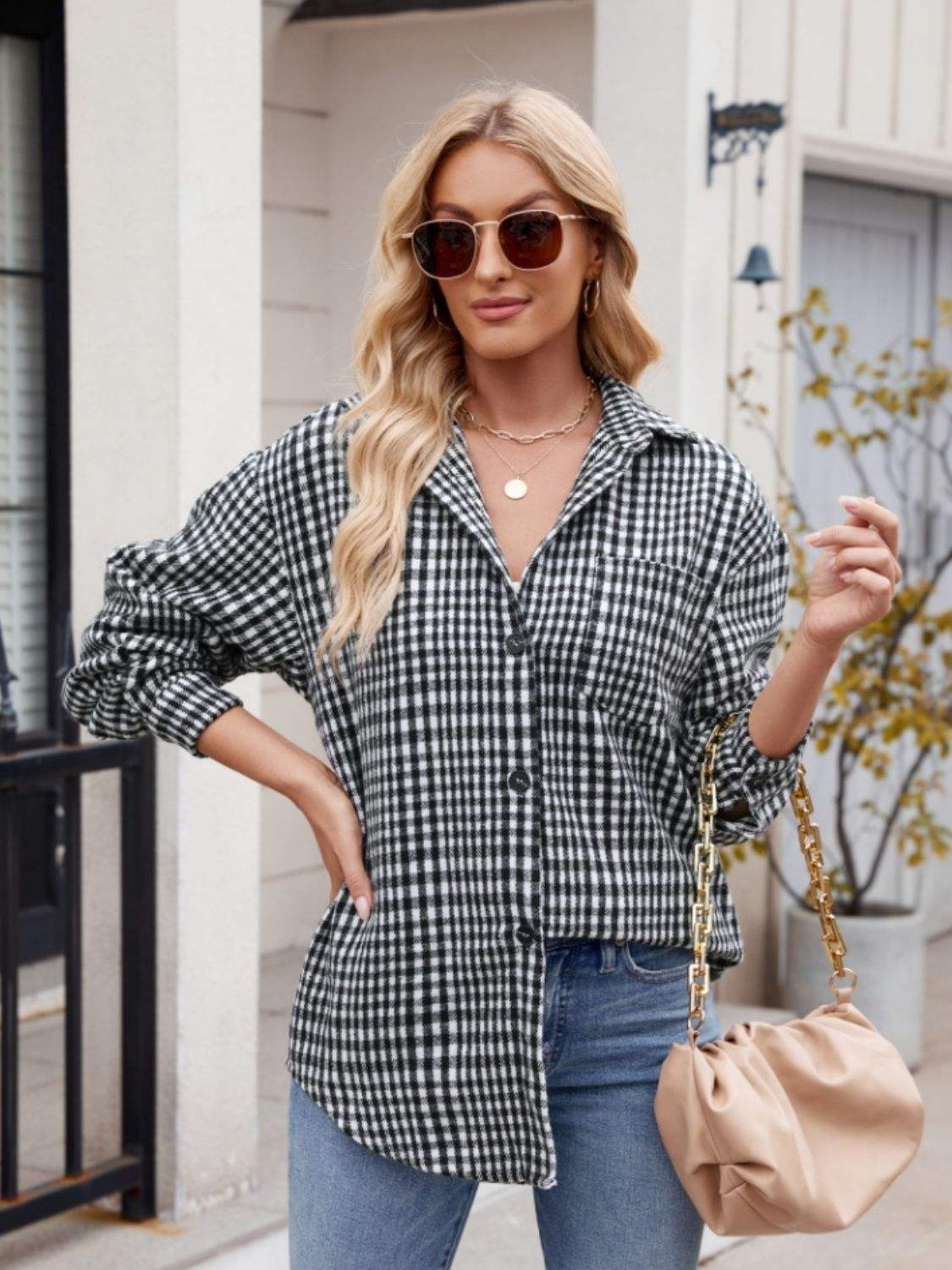 Pocketed Plaid Collared Neck Long Sleeve Shirt - Trendsi - Flyclothing LLC
